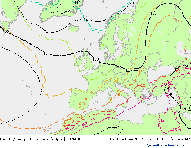 Yükseklik/Sıc. 850 hPa ECMWF Per 13.06.2024 12 UTC