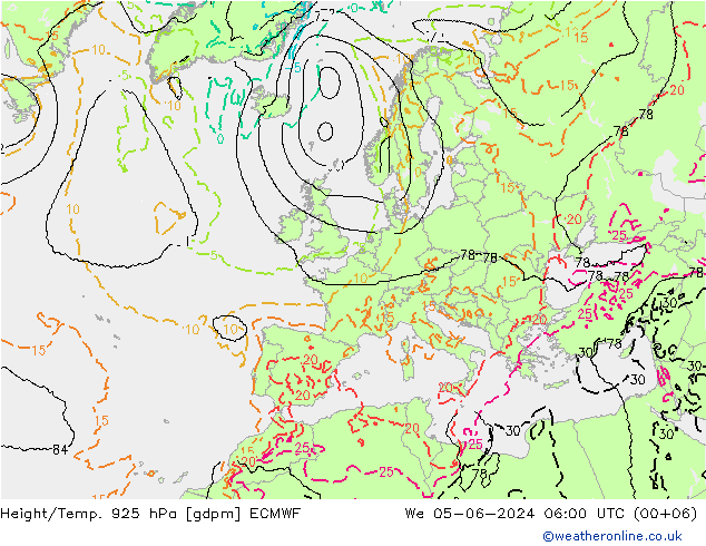 Géop./Temp. 925 hPa ECMWF mer 05.06.2024 06 UTC