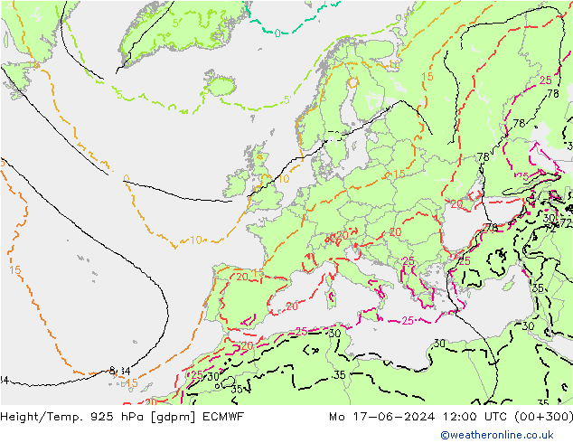 Height/Temp. 925 гПа ECMWF пн 17.06.2024 12 UTC