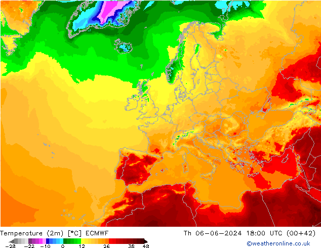 Temperatuurkaart (2m) ECMWF do 06.06.2024 18 UTC