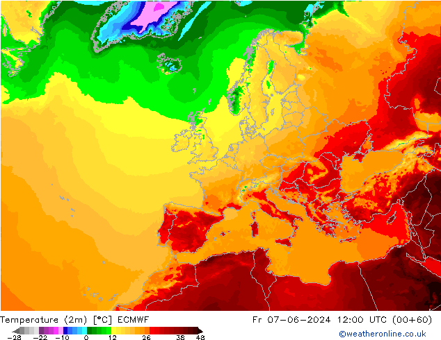Temperatuurkaart (2m) ECMWF vr 07.06.2024 12 UTC