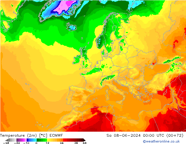 Temperature (2m) ECMWF Sa 08.06.2024 00 UTC