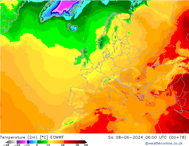 Temperature (2m) ECMWF Sa 08.06.2024 06 UTC