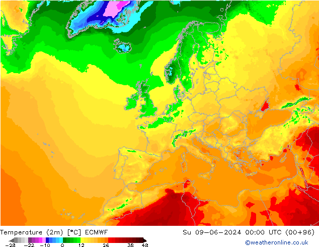 Temperatuurkaart (2m) ECMWF zo 09.06.2024 00 UTC