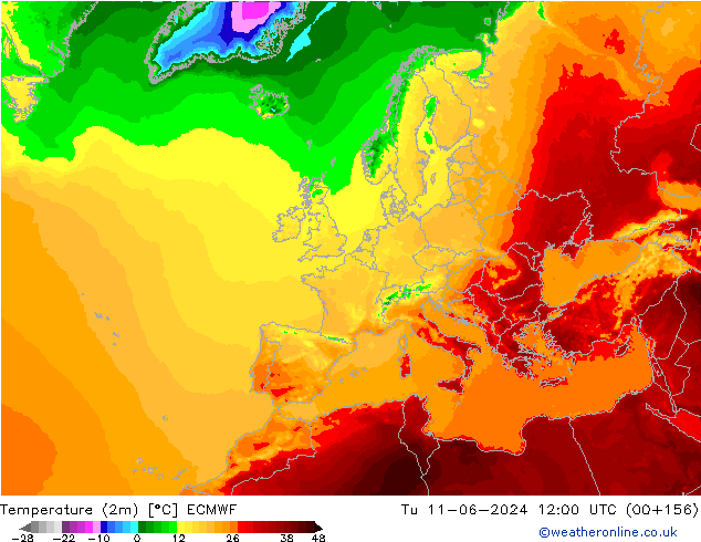 Temperatuurkaart (2m) ECMWF di 11.06.2024 12 UTC