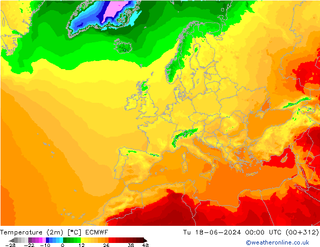 mapa temperatury (2m) ECMWF wto. 18.06.2024 00 UTC