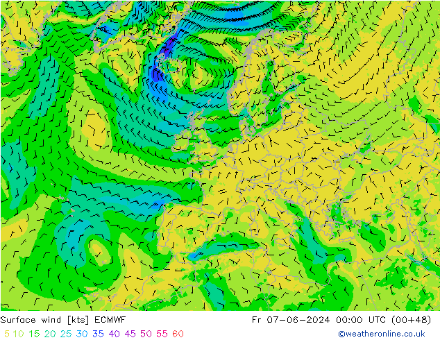 ветер 10 m ECMWF пт 07.06.2024 00 UTC