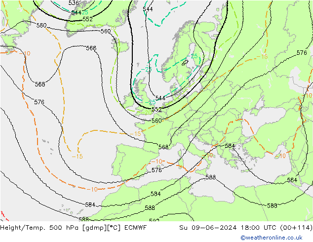 Hoogte/Temp. 500 hPa ECMWF zo 09.06.2024 18 UTC