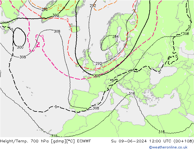 Height/Temp. 700 hPa ECMWF Su 09.06.2024 12 UTC