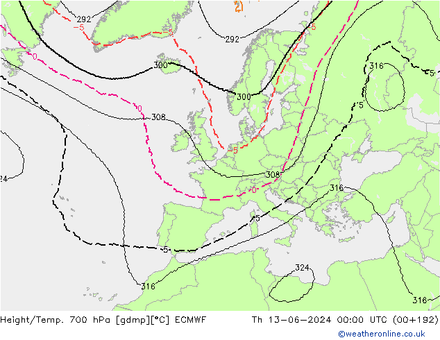 Height/Temp. 700 hPa ECMWF Qui 13.06.2024 00 UTC