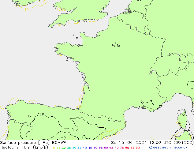 Izotacha (km/godz) ECMWF so. 15.06.2024 12 UTC