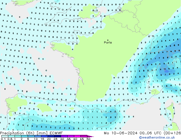 осадки (6h) ECMWF пн 10.06.2024 06 UTC