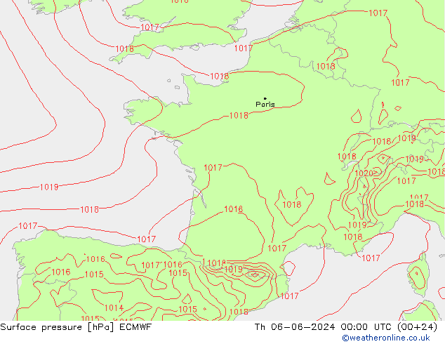 Presión superficial ECMWF jue 06.06.2024 00 UTC