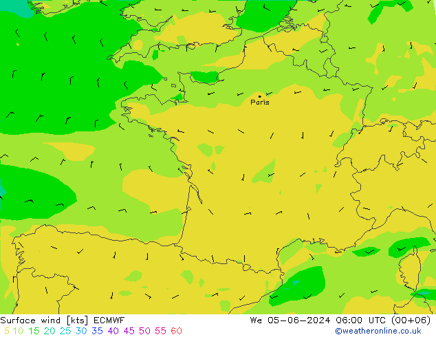 Vento 10 m ECMWF Qua 05.06.2024 06 UTC