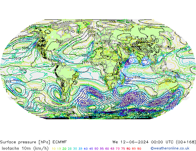 Isotachs (kph) ECMWF mer 12.06.2024 00 UTC