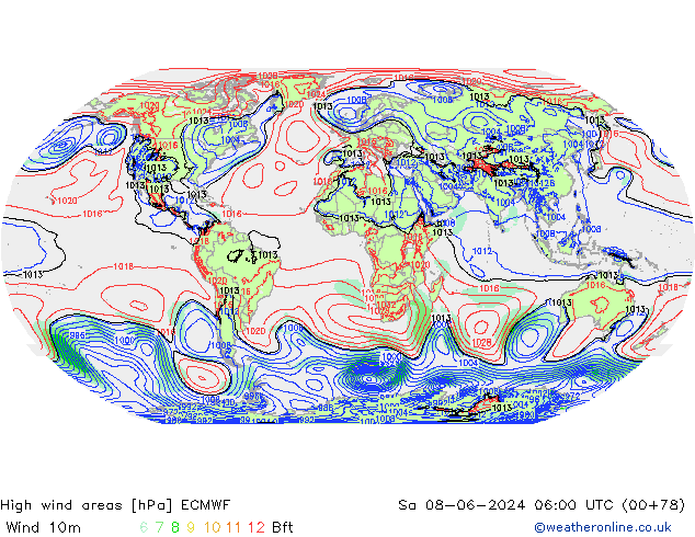 High wind areas ECMWF Sa 08.06.2024 06 UTC