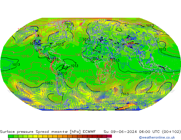 Presión superficial Spread ECMWF dom 09.06.2024 06 UTC