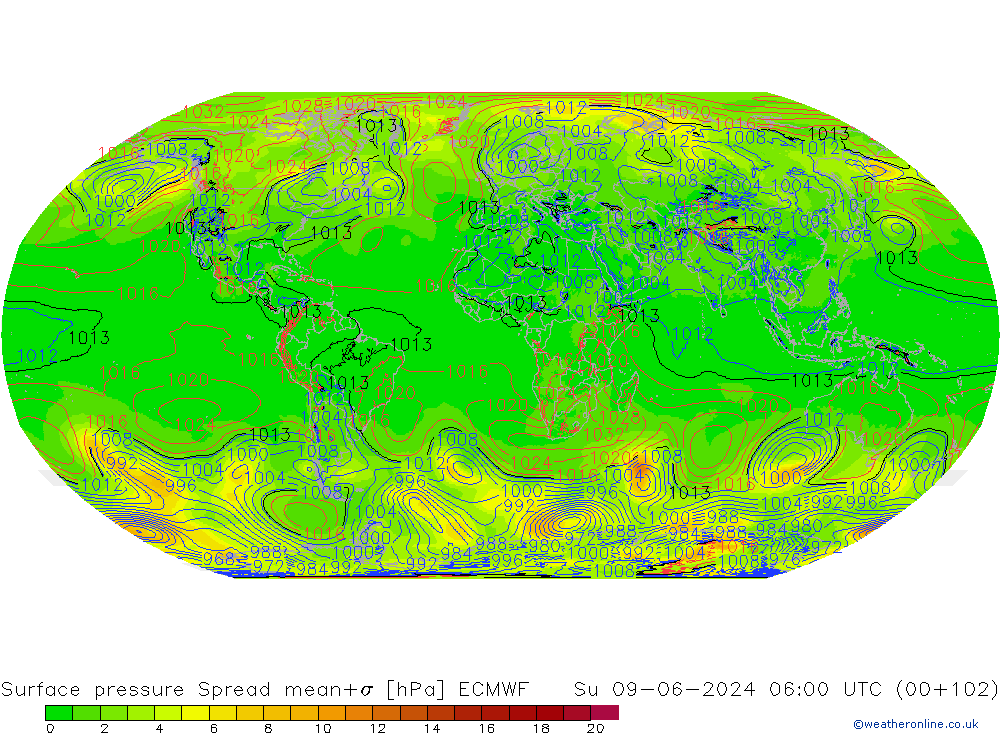 Pressione al suolo Spread ECMWF dom 09.06.2024 06 UTC