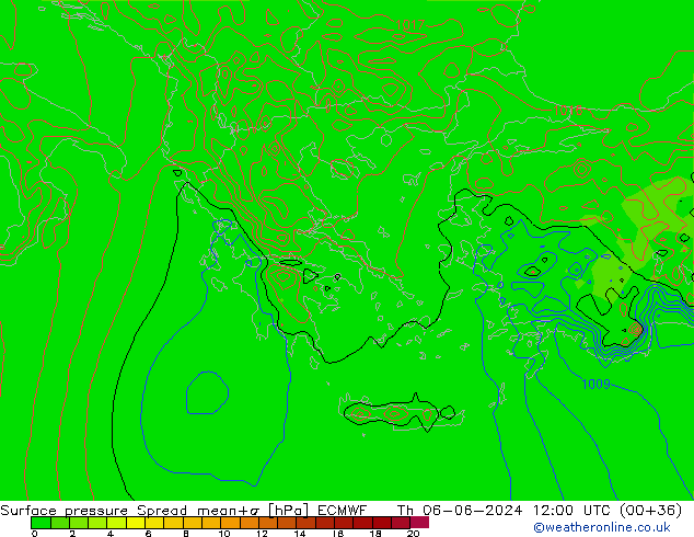 Surface pressure Spread ECMWF Th 06.06.2024 12 UTC