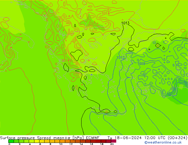 Luchtdruk op zeeniveau Spread ECMWF di 18.06.2024 12 UTC