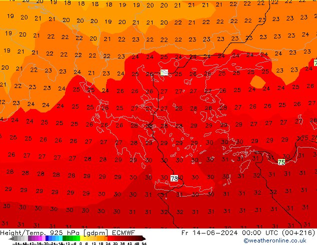 Yükseklik/Sıc. 925 hPa ECMWF Cu 14.06.2024 00 UTC