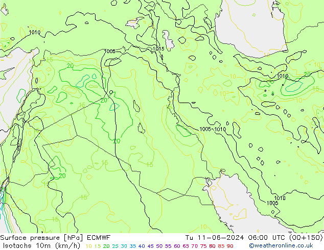 Isotachs (kph) ECMWF Tu 11.06.2024 06 UTC