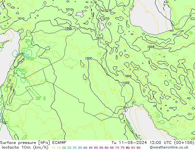 Isotachs (kph) ECMWF Tu 11.06.2024 12 UTC