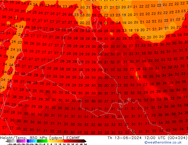 Height/Temp. 850 гПа ECMWF чт 13.06.2024 12 UTC