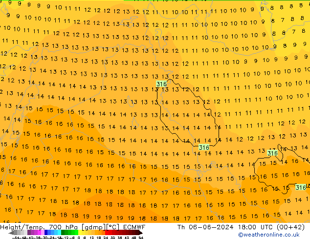 Yükseklik/Sıc. 700 hPa ECMWF Per 06.06.2024 18 UTC