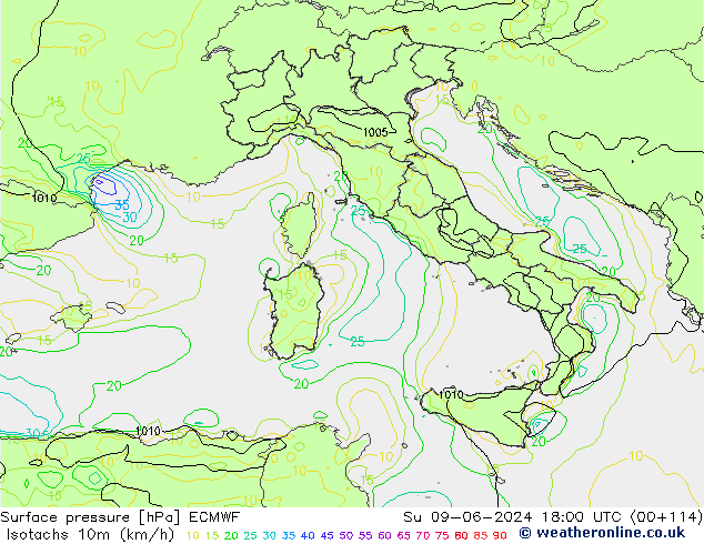 Isotachs (kph) ECMWF Su 09.06.2024 18 UTC