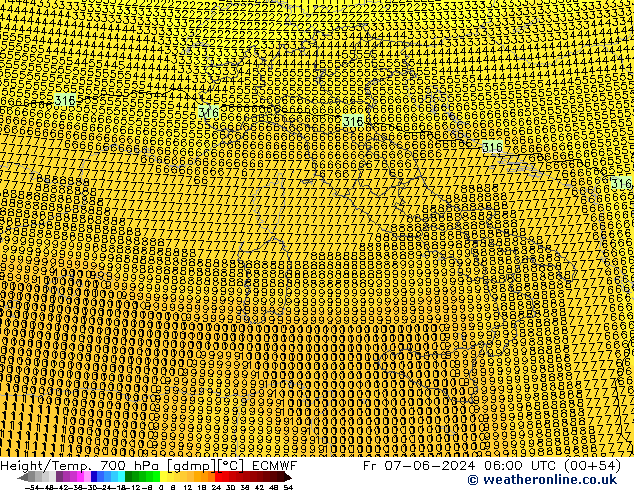 Geop./Temp. 700 hPa ECMWF vie 07.06.2024 06 UTC