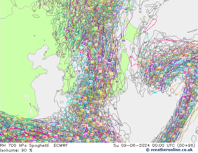 RH 700 гПа Spaghetti ECMWF Вс 09.06.2024 00 UTC