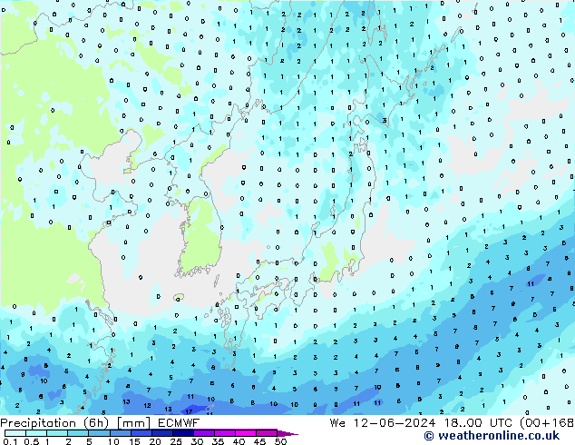 Precipitation (6h) ECMWF We 12.06.2024 00 UTC