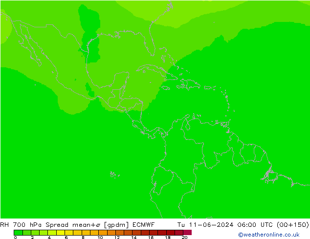 Humidité rel. 700 hPa Spread ECMWF mar 11.06.2024 06 UTC