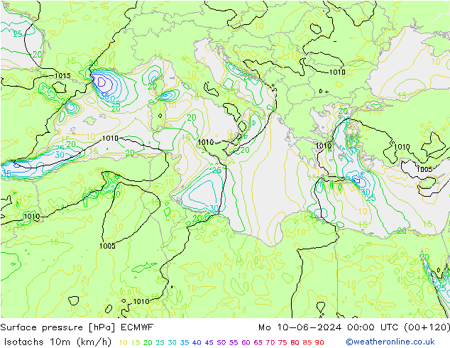 Isotachs (kph) ECMWF Mo 10.06.2024 00 UTC