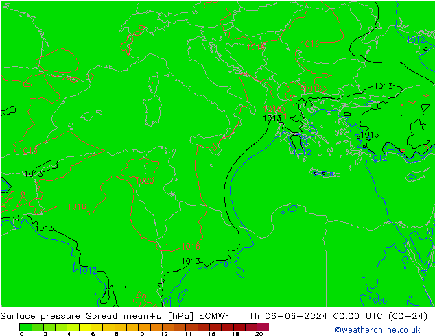 Presión superficial Spread ECMWF jue 06.06.2024 00 UTC