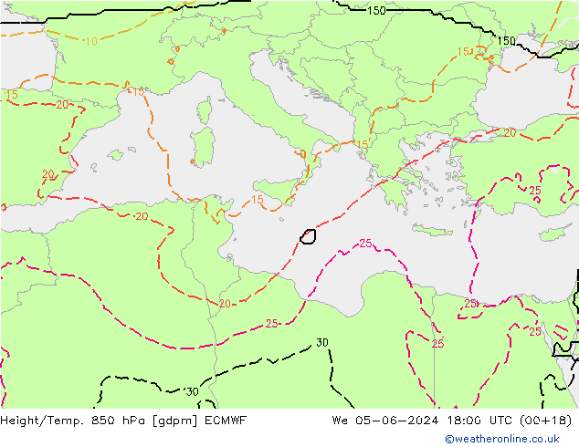 Height/Temp. 850 hPa ECMWF mer 05.06.2024 18 UTC