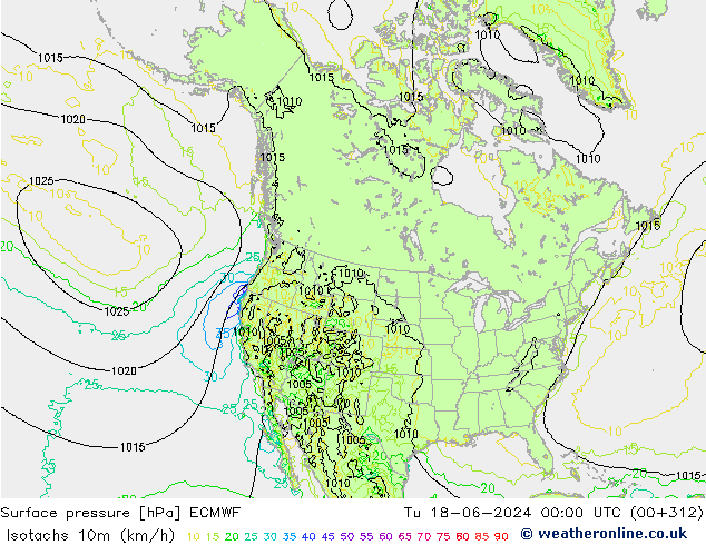 Isotachen (km/h) ECMWF Di 18.06.2024 00 UTC