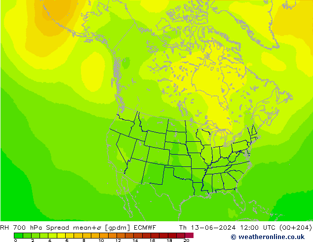 RH 700 hPa Spread ECMWF Th 13.06.2024 12 UTC