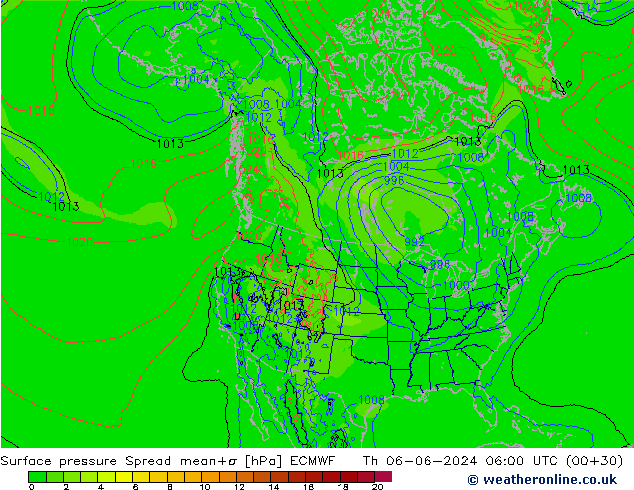 Presión superficial Spread ECMWF jue 06.06.2024 06 UTC