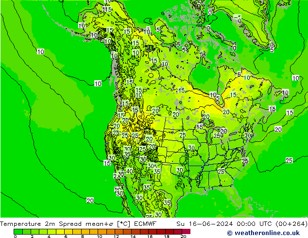 карта температуры Spread ECMWF Вс 16.06.2024 00 UTC