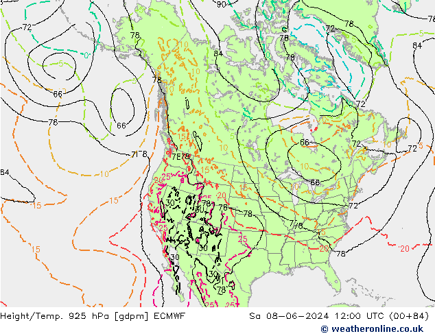 Height/Temp. 925 hPa ECMWF so. 08.06.2024 12 UTC