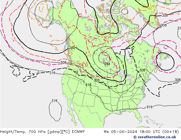 Height/Temp. 700 hPa ECMWF Mi 05.06.2024 18 UTC