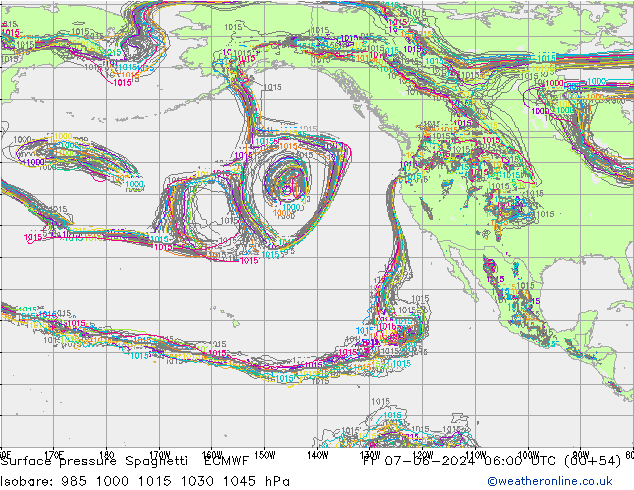 Luchtdruk op zeeniveau Spaghetti ECMWF vr 07.06.2024 06 UTC