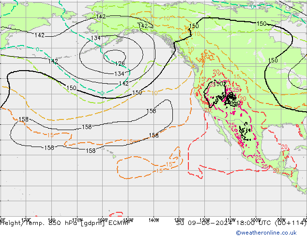 Hoogte/Temp. 850 hPa ECMWF zo 09.06.2024 18 UTC