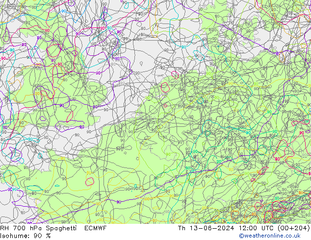 RH 700 hPa Spaghetti ECMWF gio 13.06.2024 12 UTC