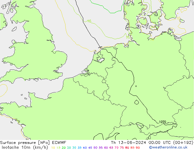 Isotachs (kph) ECMWF jeu 13.06.2024 00 UTC