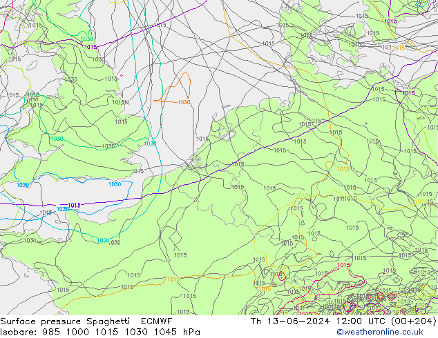 Luchtdruk op zeeniveau Spaghetti ECMWF do 13.06.2024 12 UTC