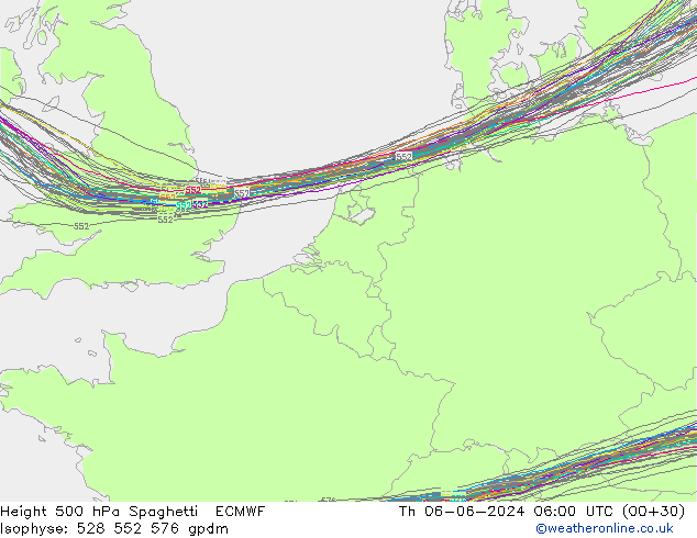 Height 500 hPa Spaghetti ECMWF Do 06.06.2024 06 UTC