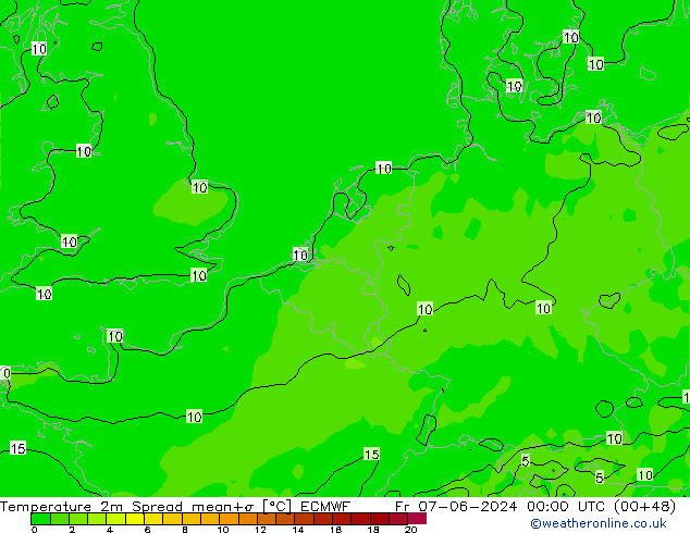 Temperaturkarte Spread ECMWF Fr 07.06.2024 00 UTC